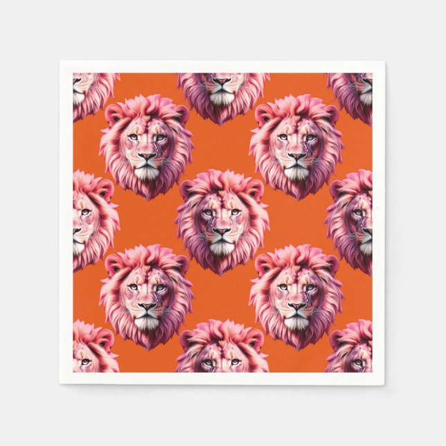 Guardanapo De Papel Cabeça de Leão Rosa Animal Padrão Design Laranja  (Frente)