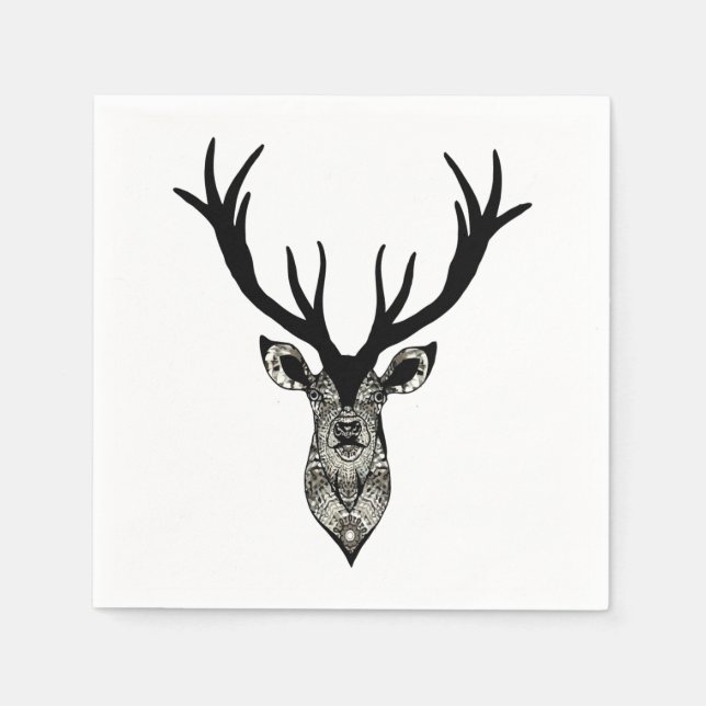 Guardanapo De Papel Cabeça de Veado Stag Clássico Preto Cinza Animal (Frente)
