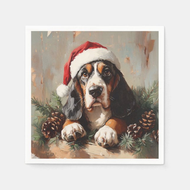 Guardanapo De Papel Caça-Basset numa Pintura a Óleo de Santa Hat (Frente)