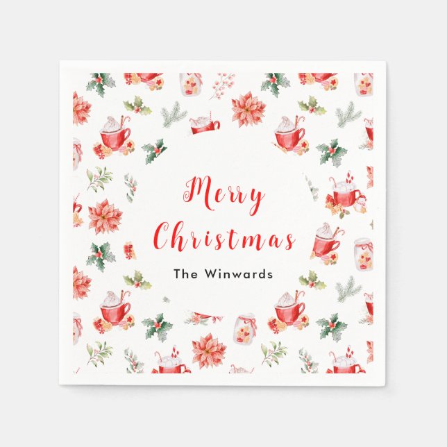 Guardanapo De Papel Cacau Quente de Natal e Poinsettias Vermelhas (Frente)
