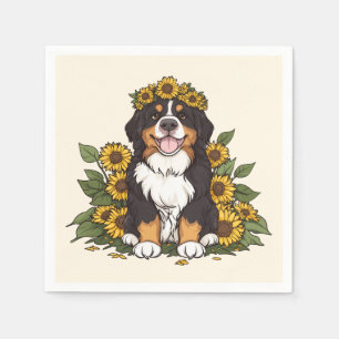Guardanapo De Papel Cachorro Bernês Fofo Vestindo Coroa de Girassóis