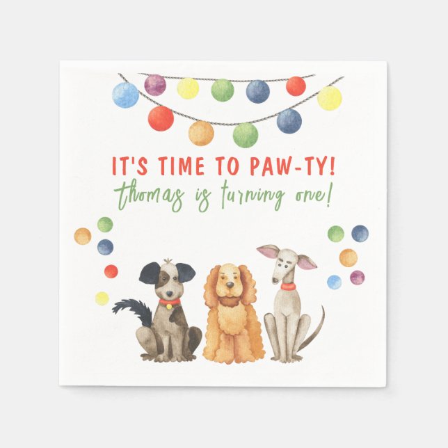 Guardanapo De Papel Cachorro Cachorro Primeiro Aniversário Paw-ty (Frente)