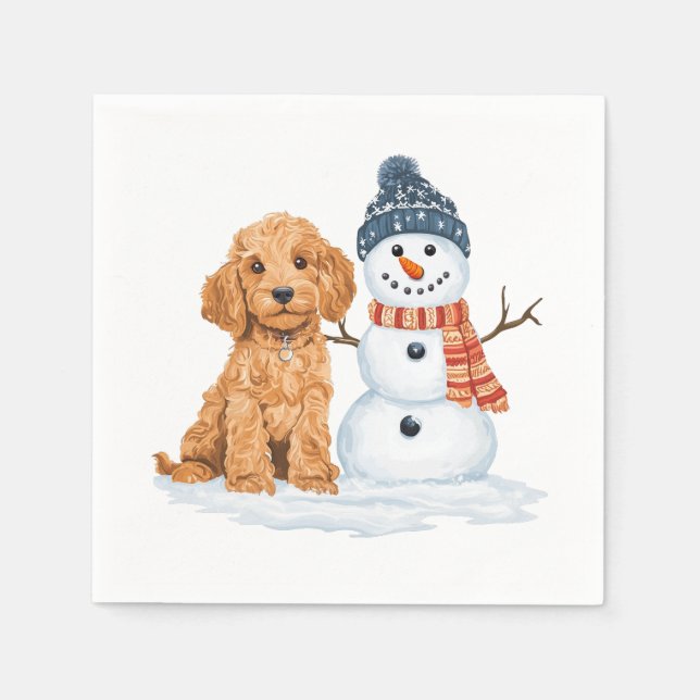 Guardanapo De Papel Cachorro Goldendoodle de Inverno Boneco de Neve Fo (Frente)