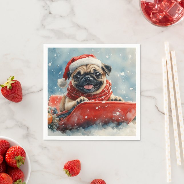 Guardanapo De Papel Cachorro Pug em Trenó Deixe Nevar Natal (Insitu)