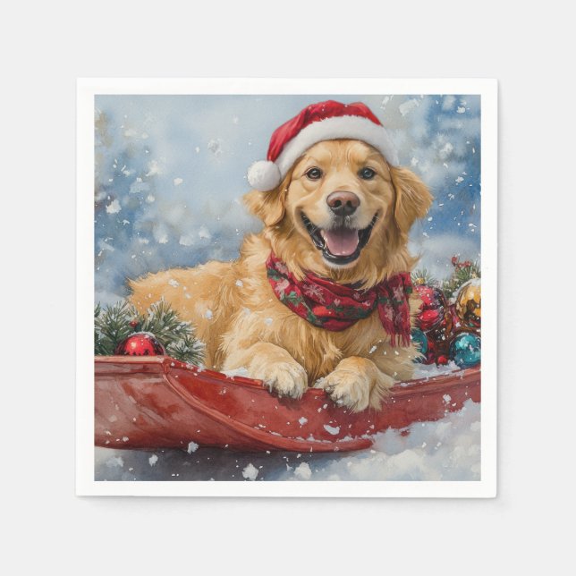 Guardanapo De Papel Cachorro Retriever Dourado em Trenó de Neve Natal (Frente)