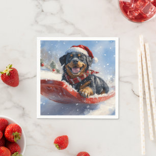 Guardanapo De Papel Cachorro Rottweiler em Trenó Deixe Nevar Natal