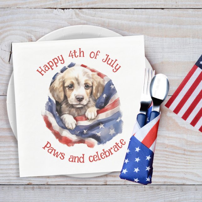 Guardanapo De Papel Cachorro Vermelho Branco Branco Azul Bandeira Amer (American flag and puppy 4th of July paper napkins)