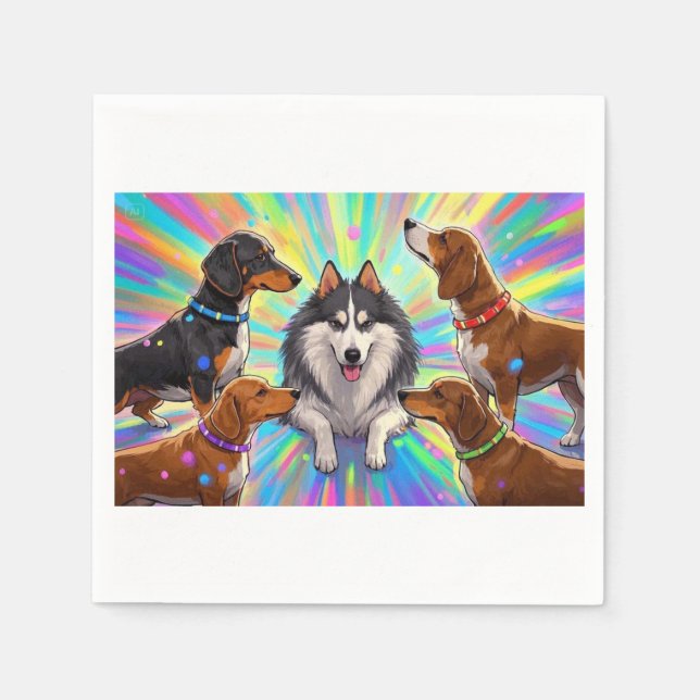 Guardanapo De Papel Cachorros Filhotes com fundo de arco-íris (Frente)