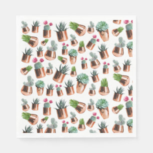 Guardanapo De Papel Cactus e Sucultos em Potes Dourados Rosa
