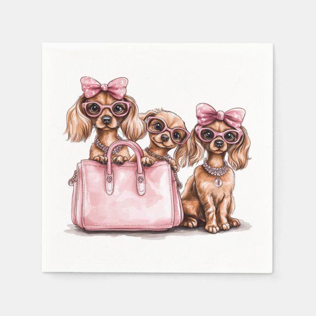 Guardanapo De Papel Cães de Dachshund Fashionáveis, Bolsa Rosa (Frente)