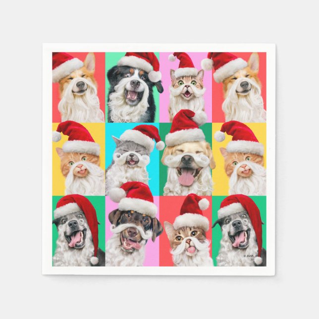 Guardanapo De Papel Cães e Gatos com Barba de Papai Noel (Frente)