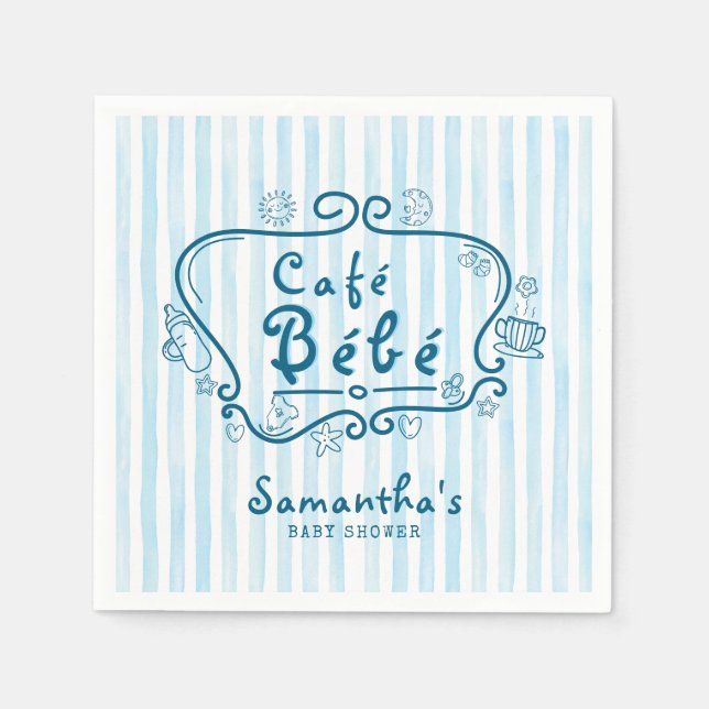 Guardanapo De Papel Café Bébé Chá de fraldas francês azul moderno (Frente)