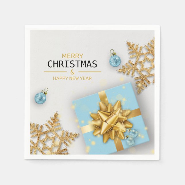 Guardanapo De Papel Caixa de Presente Azul Bolas de Natal Flocos de Ne (Frente)