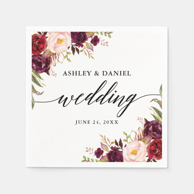 Guardanapo De Papel Caligrafia Casamento Floral Burgundy (Frente)