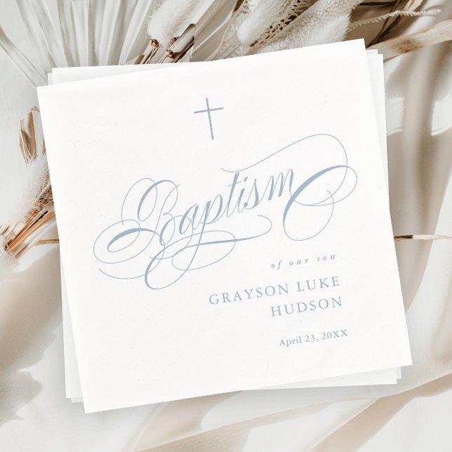 Guardanapo De Papel Caligrafia de Script Elegante Azul Empoeirado Bati (Elegant calligraphy dusty blue boys baptism napkins.)