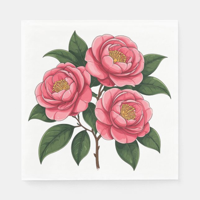 Guardanapo De Papel Camélias Rosa Florindo Com Folhas Verdes (Frente)