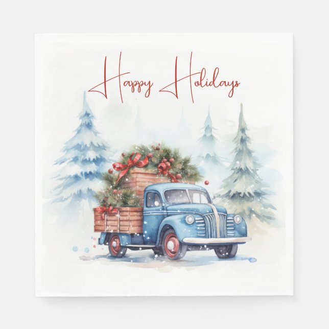 Guardanapo De Papel Caminhão de Natal Azul Retro (Frente)