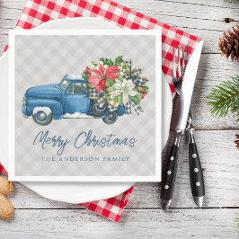 Guardanapo De Papel Caminhão de Natal Azul Vintage Xadrez Fazenda Cinz