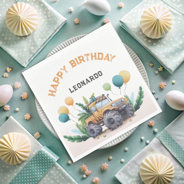 Guardanapo De Papel Caminhão do Monstro Safari com Balões Feliz Aniver (Criador carregado)