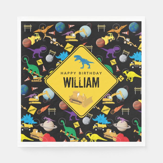 Guardanapo De Papel Caminhões de Construção Dinossauros no Espaço Aniv (Frente)