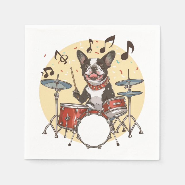 Guardanapo De Papel Cão Boston Terrier Tocando Tambores (Frente)