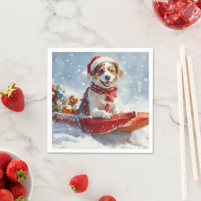 Guardanapo De Papel Cão Brittany Spaniel em Trineo de Natal (Insitu)