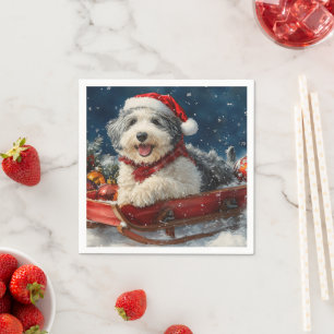Guardanapo De Papel Cão de Ovelha Inglês em Trenó Deixe Nevar Natal