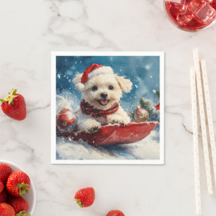 Guardanapo De Papel Cão Maltês em Trenó Deixe Nevar Natal