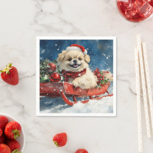 Guardanapo De Papel Cão Pequinês em Trenó Deixe Nevar Natal