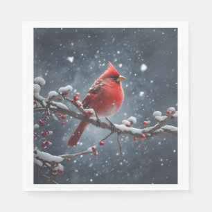 Guardanapo De Papel Cardeal Vermelho na Ramificação de Árvore na Neve