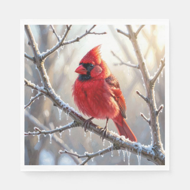 Guardanapo De Papel Cardinal Posado no Ramo de Inverno com Pingentes d (Frente)