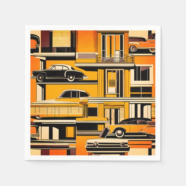 Guardanapo De Papel Carros Geométricos Mostarda Retro Meados do Século (Frente)