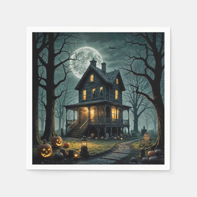 Guardanapo De Papel Casa Assombrada de Halloween com Jack-o-lanterns (Frente)