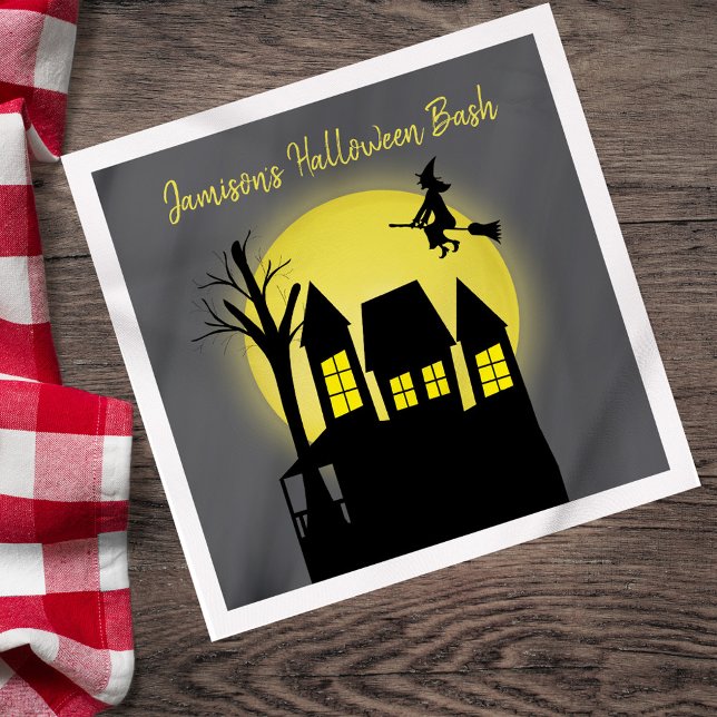 Guardanapo De Papel Casa Assombrada e Bruxa Voadora com Lua (Personalized Halloween bash napkin with haunted house and witch.)