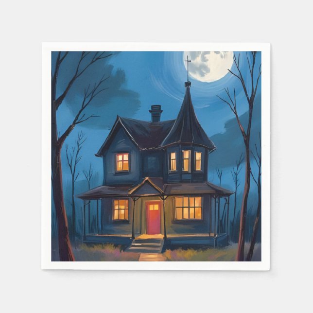 Guardanapo De Papel Casa Assombrada Pintada à Mão Halloween (Frente)