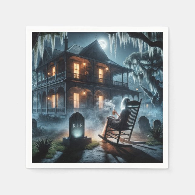 Guardanapo De Papel Casa De Halloween Assombrada Com Tombstone (Frente)