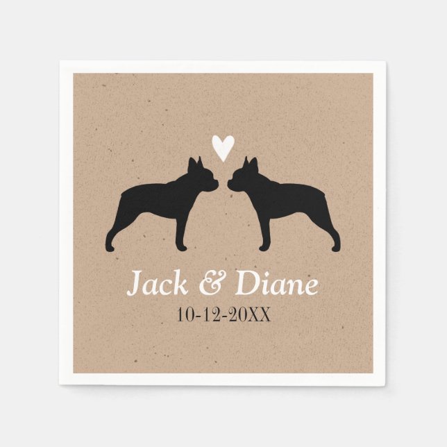Guardanapo De Papel Casal de Casamento de Boston Terriers com Texto Pe (Frente)