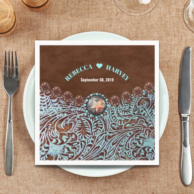 Guardanapo De Papel casal de vaqueiro marrom turquesa casamento ociden (turquoise brown cowboy country western wedding paper napkins)
