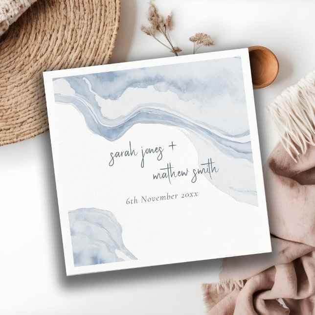 Guardanapo De Papel Casamento abstrato Blue Coastal Beach Watercolor (Criador carregado)