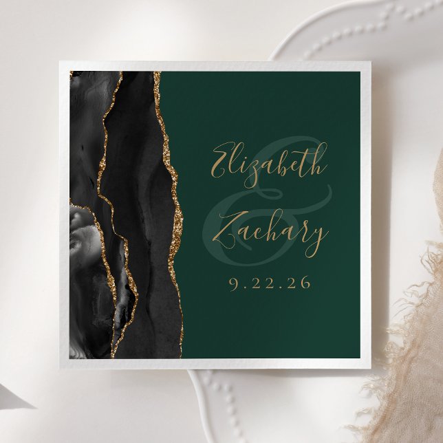 Guardanapo De Papel Casamento Ágata Script Preto Dourado Esmeralda Ver (Criador carregado)