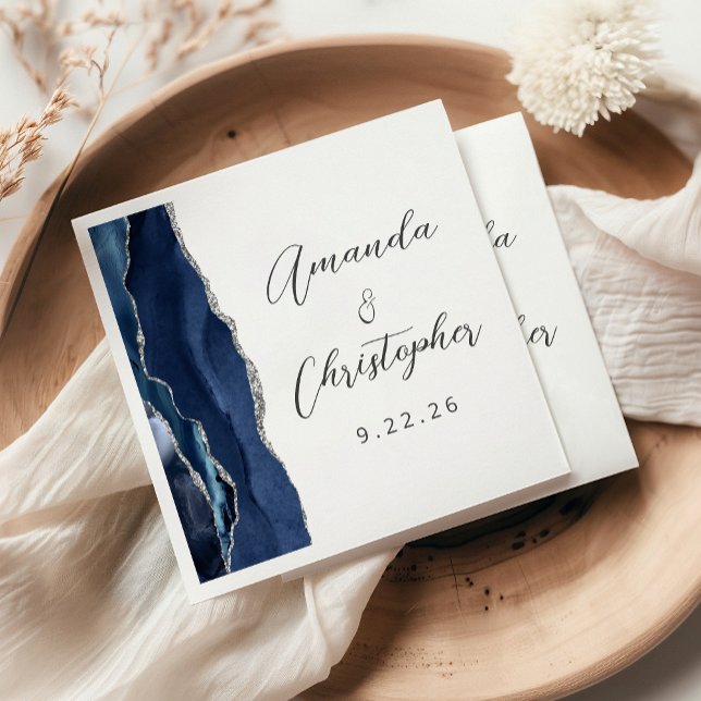Guardanapo De Papel Casamento Agate Azul Marinho Prata Script (Criador carregado)