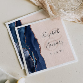 Guardanapo De Papel Casamento Agate Script Azul Marinho Rosa Dourado R
