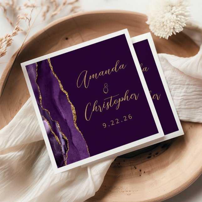 Guardanapo De Papel Casamento Ameixa Script Dourado Roxo Ágata (Criador carregado)