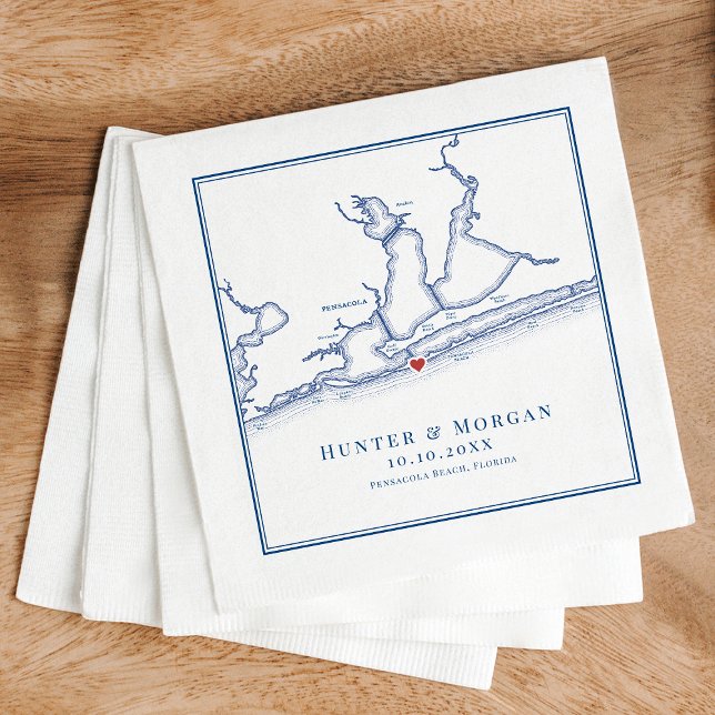 Guardanapo De Papel Casamento Azul de Marinho Elegante de Praia de Pen (Personalized Pensacola Beach Florida map napkins for an elegant navy blue beach wedding)