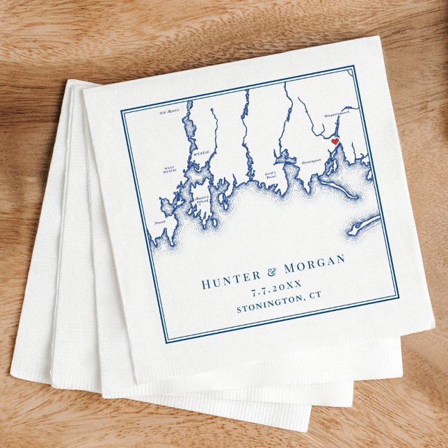 Guardanapo De Papel Casamento Azul de Marinho Elegante do Mapa CT Ston (Stonington CT Map Wedding cocktail napkins in elegant navy blue from Coastal Map Designs)