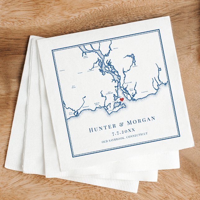 Guardanapo De Papel Casamento Azul do Antigo Mapeamento do Marinho Ele (Saybrook Point CT Wedding Map Napkins in elegant navy blue from Coastal Map Designs)