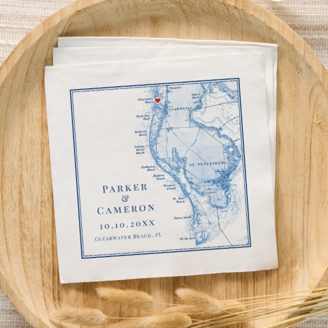 Guardanapo De Papel Casamento Azul do Mapa Elegante do Marinho da Prai (Clearwater Beach FL Wedding Cocktail Napkins in Elegant navy blue from Coastal Map Designs)