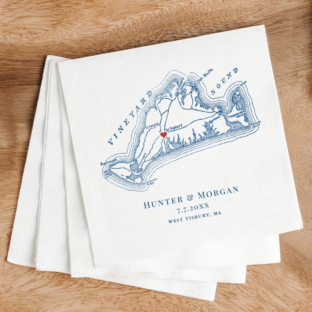 Guardanapo De Papel Casamento Azul do Mapa Elegante do Marinho de Tisb (West Tisbury Martha's Vineyard Map Wedding Napkin in Elegant Navy Blue by Coastal Map Designs)