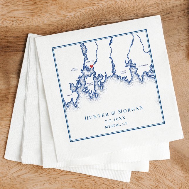 Guardanapo De Papel Casamento Azul do Mapa Elegante do Marinho Mystic  (Mystic CT Map Napkins for an elegant navy blue Connecticut wedding from Coastal Map Designs)