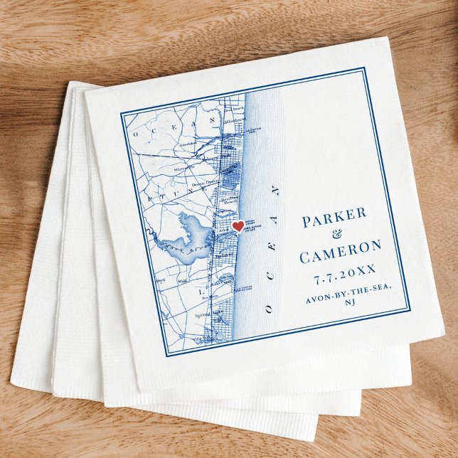 Guardanapo De Papel Casamento Azul do Mapa NJ Elegante do Marinho Avon (Avon by the Sea NJ Wedding Napkins in elegant navy bluefrom Coastal Map Designs)